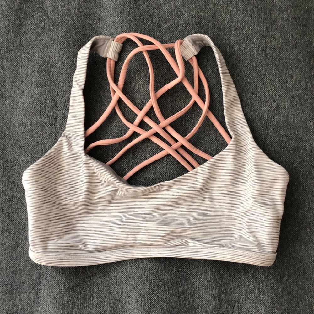 Lulu lemon white/grey/peach colored strappy sports bra. Size 4